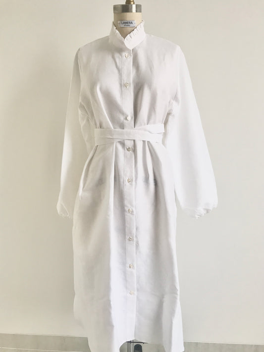 Look M1 / Midi Linen Rayon Dress with ruffle neckline